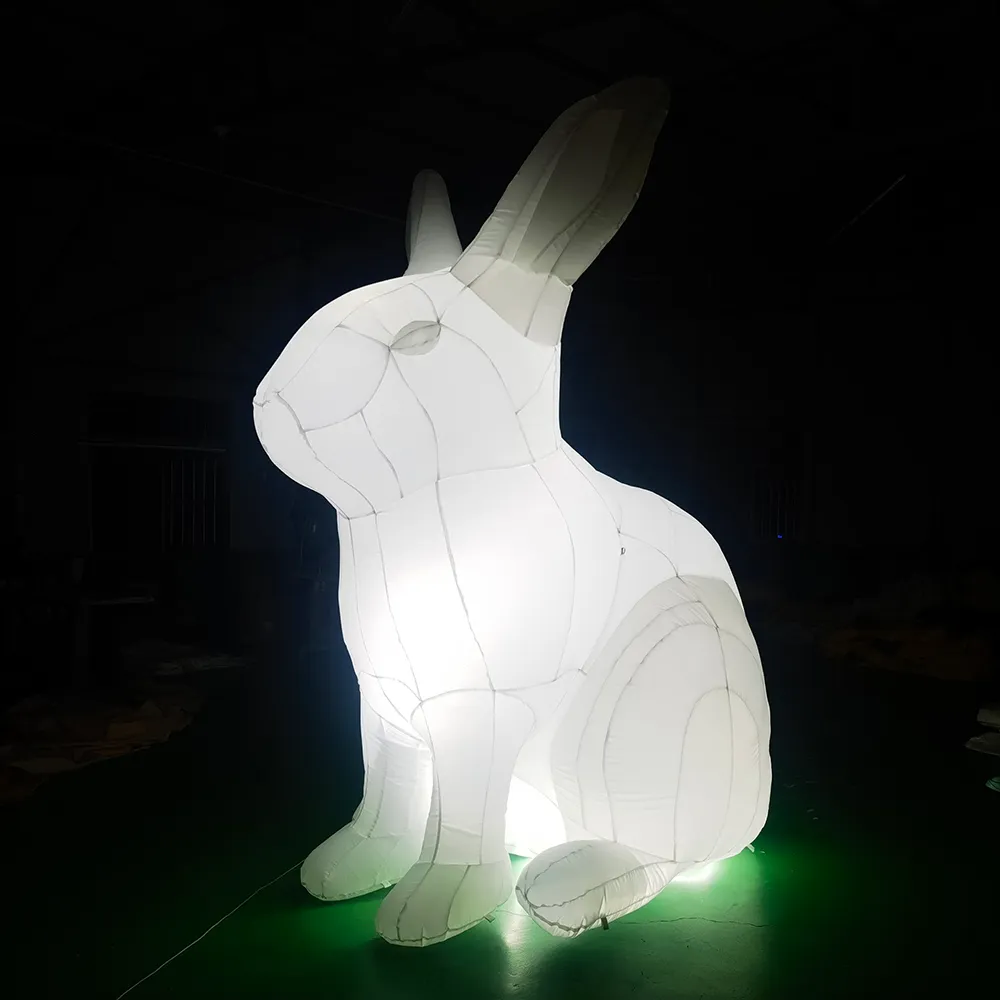 8 mH (26 pieds) avec ventilateur en gros éclairage géant gonflable blanc lapin accroupi modèle animal réplique pour la publicité ou la décoration d'un événement de Pâques
