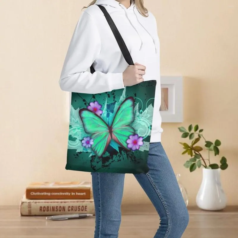 Sacs de courses pour femmes, Design papillon vert, impression Double face, sac à bandoulière écologique pour maman, sac à main d'épicerie, 2024