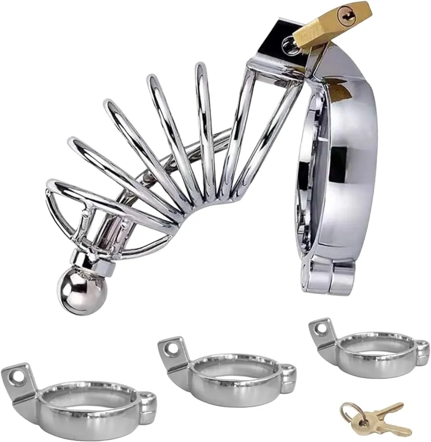 Chastity Device with Urethral Sounds, Metal Male Chastity Cage Ergonomic Design Chastity Lock Adult Sex Toys for Couples (with S/M/L Sized Cuffs)