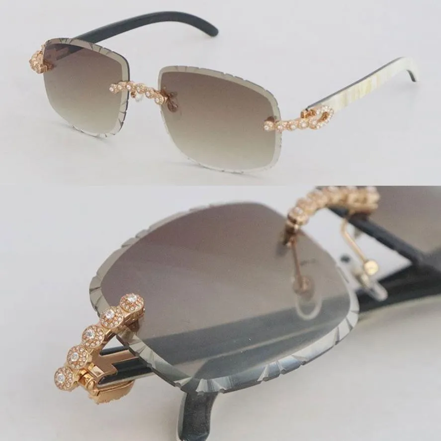 Luxe Moissanite Diamond Set Lunettes de soleil sans monture Femme Original Blanc Intérieur Noir Corne de Buffle Hommes Lunettes Vintage 8200762 Carve2554