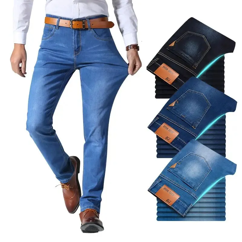 Brother Wang, pantalones vaqueros de marca de estilo clásico para hombre, pantalones vaqueros ajustados elásticos informales de negocios, pantalones negros azul claro para hombre 240124