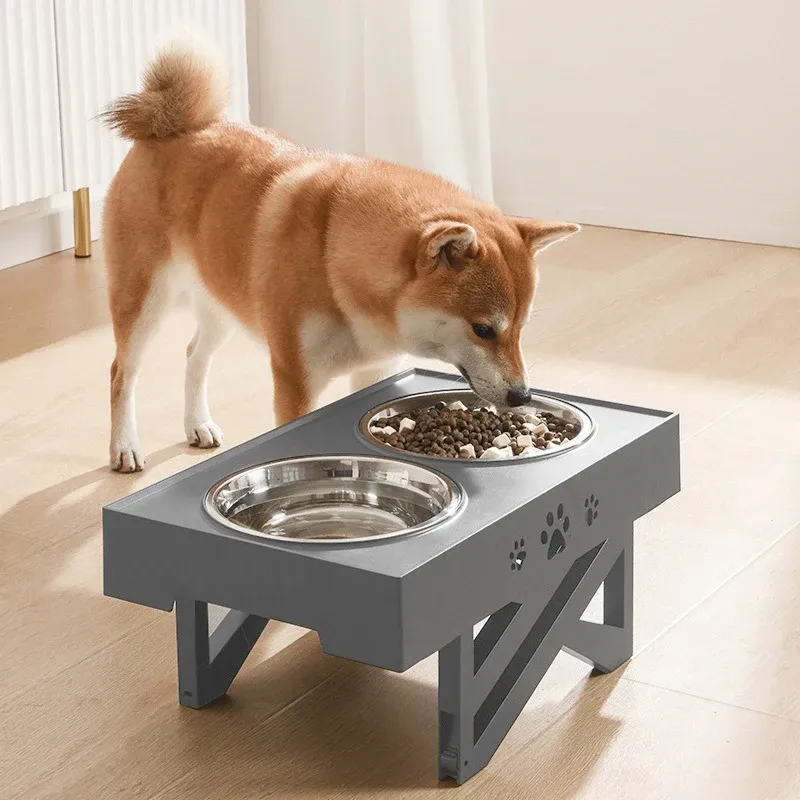 Feeding 2023 New AntiSlip Elevated Double Dog Bowls Adjustable Height Pet Feeding Dish Feeder Stainless Steel Water Food Container