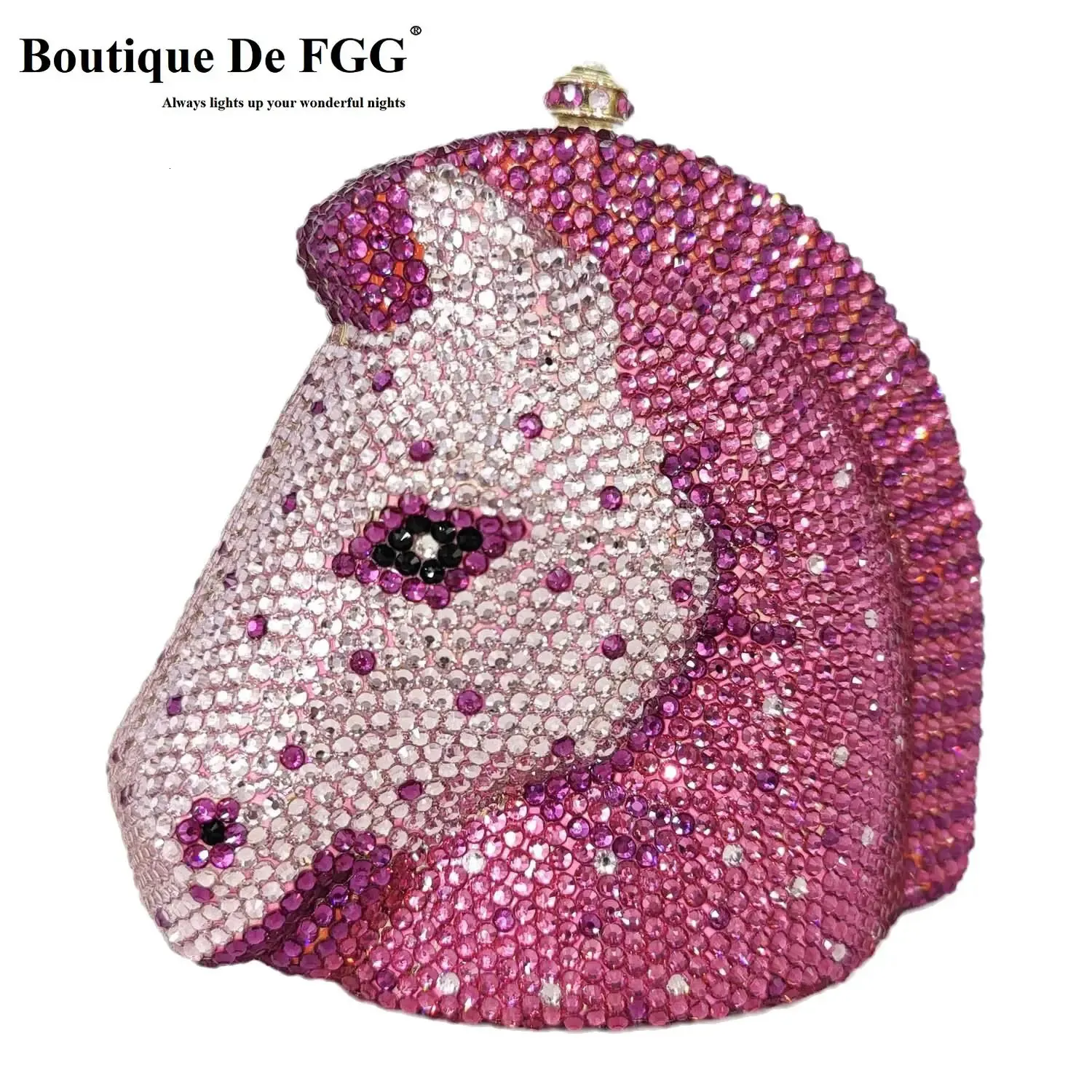 Boutique De FGG Fucsia Testa di cavallo Donna Mini Borsa da sera in cristallo Borse da sposa con strass Borse da festa Minaudiere Pochette 240125