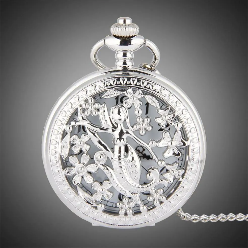 Tfo Pocket Watch Silver Hollow Petals تحيط بالرقص تصميم حورية البحر قلادة أزياء الأزياء قلادة 268U