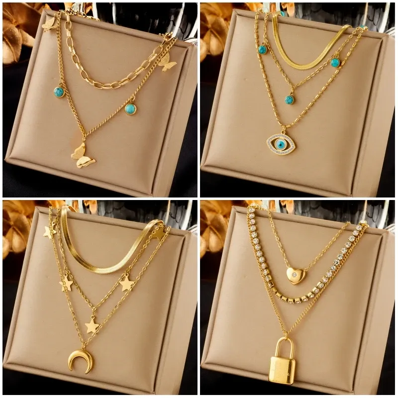 Collana a ciondolo blu a farfalla in oro giallo da 14k per donne nuovi regali di gioielli a catena montuosa multistrato