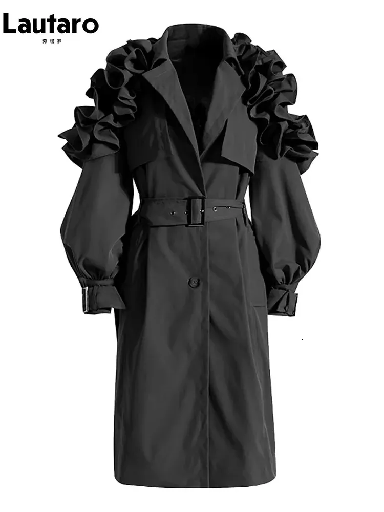 Lautaro Spring 가을 가을 긴 검은 카키 트렌치 코트 여성 벨트 우아한 세련된 세련된 럭셔리 디자이너 옷 활주로 패션 240123