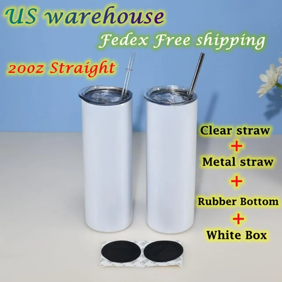 US warehouse 20oz Skinny straight Sublimation Tumblers 25pcs per carton Clear & Metal Straws Rubber bottoms Stainless Steel Double3076