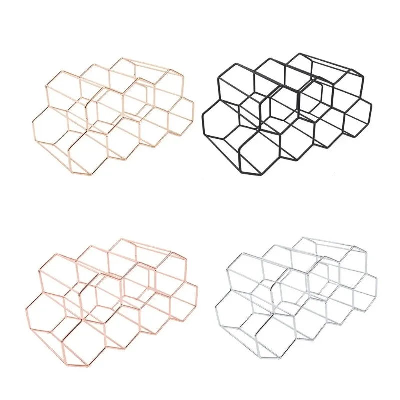 Modern Honeycomb Wine Rack - Hexagon Tabletop Holder For 9 Bottles, Silver Finish