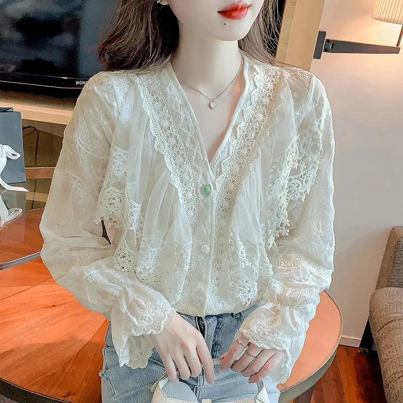 Frauen Blusen Koreanische Mode Mesh Spleißen Blütenblatt Hülse Frauen Tops Casual Dame Shirts Frau Shirt Weibliche Mädchen Lange Bluse 2