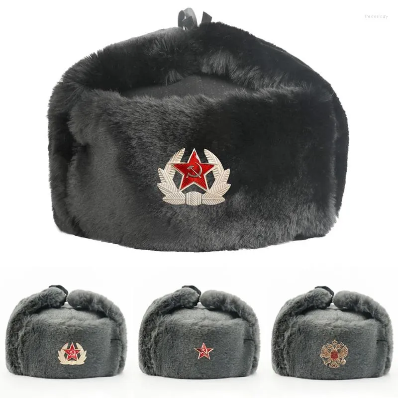 Bérets 2024 Mode Hommes Femmes Armée soviétique Insigne militaire Russie Pilote Trapper Trooper Chapeau Hiver Fausse Fourrure Oreillette Ski Casquettes De Neige