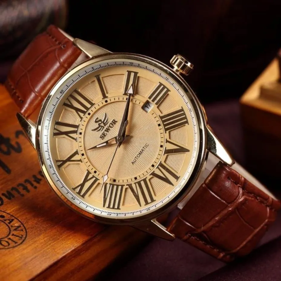Mężczyźni Mechaniczne ręce zegarek wiatru Retro złota rzymska brązowa skórzana skórzana pasek