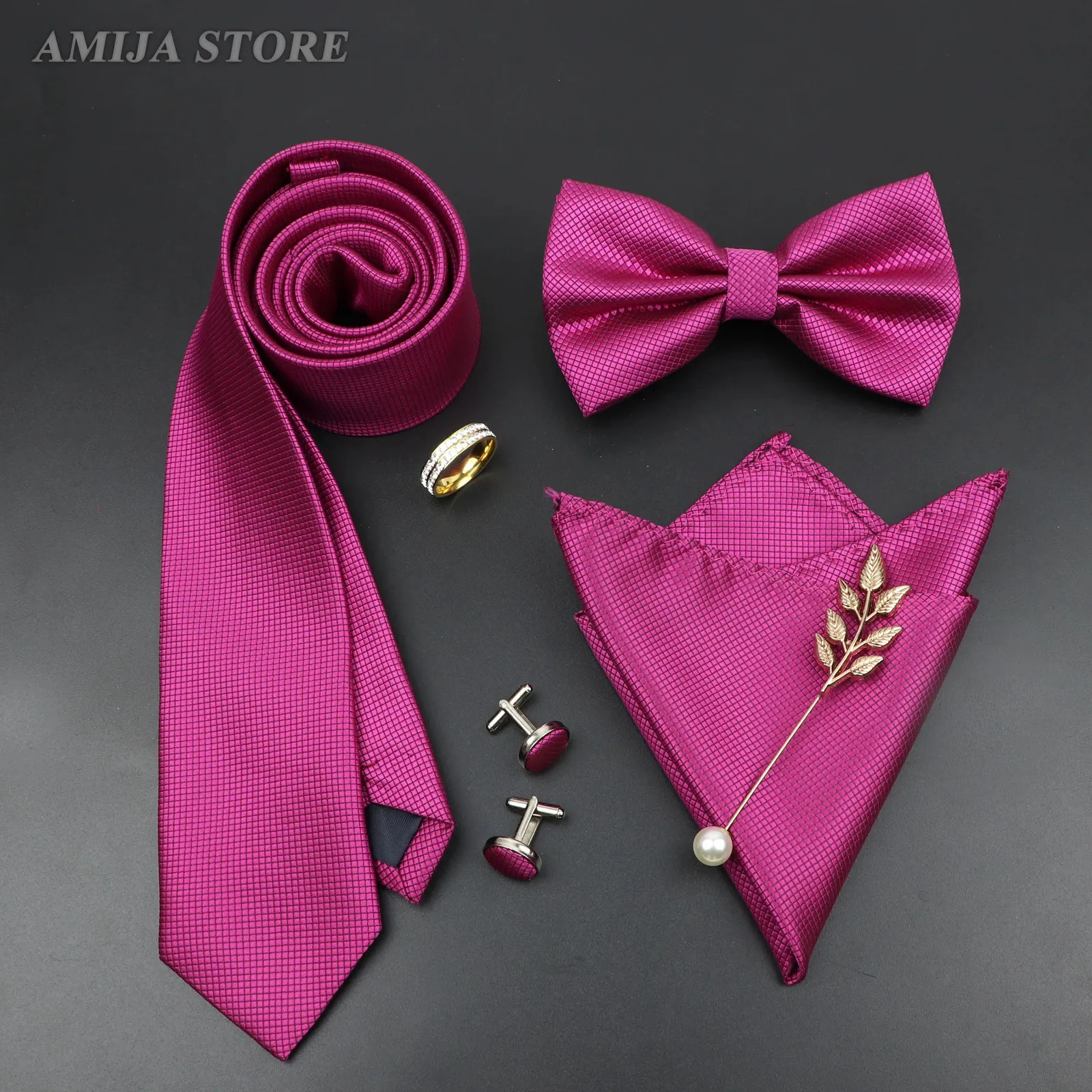 Conjunto de corbatas de lujo para hombre, corbatas rojas y negras, corbata de color sólido, gemelos cuadrados de bolsillo, broche, anillo de corbata, traje de fiesta de boda para hombre, regalo 240124