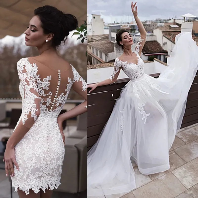 Ahorra a lo Grande en Compras al por Mayor de Vestidos Nupciales De Media  Manga Vestidos De Novia De Encaje Corto Con Faldas Desmontables Media