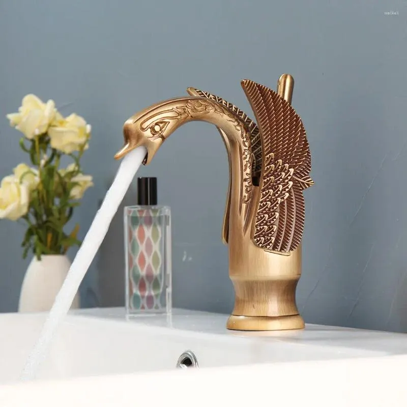 Bathroom Sink Faucets Antique Brass Swan Faucet Single Hole Handle Vanity Basin Mixer Tap