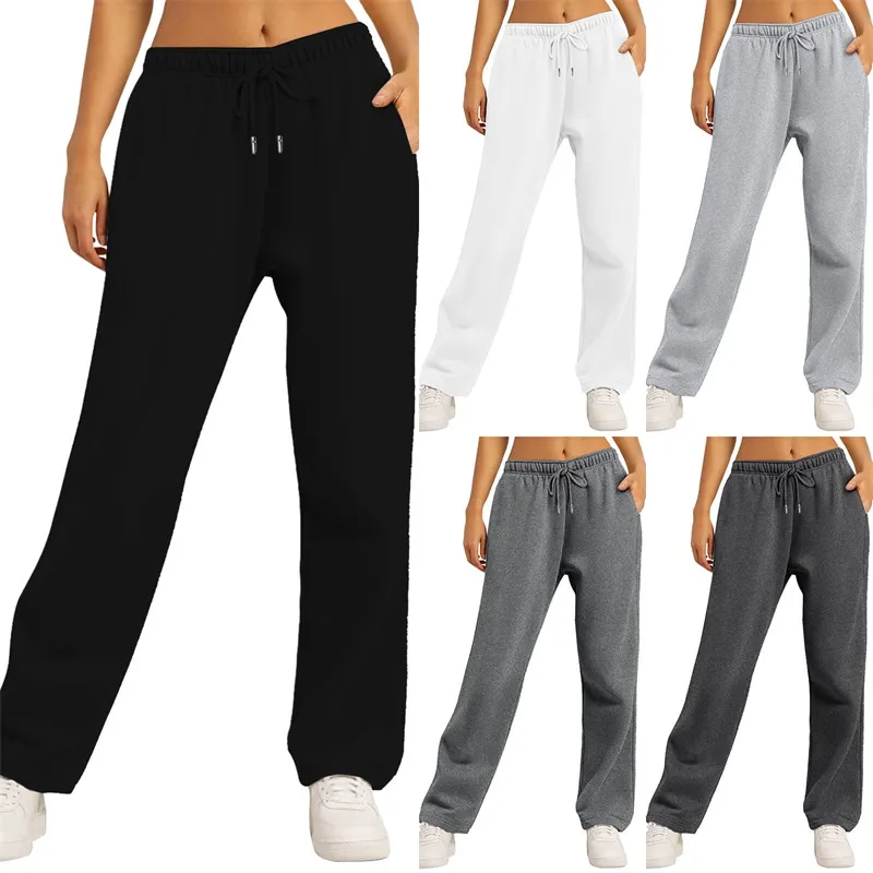 Calça esportiva forrada de lã com bolso feminino, calça larga e reta com perna inferior, calça esportiva para corrida, treinamento, cintura alta, yoga