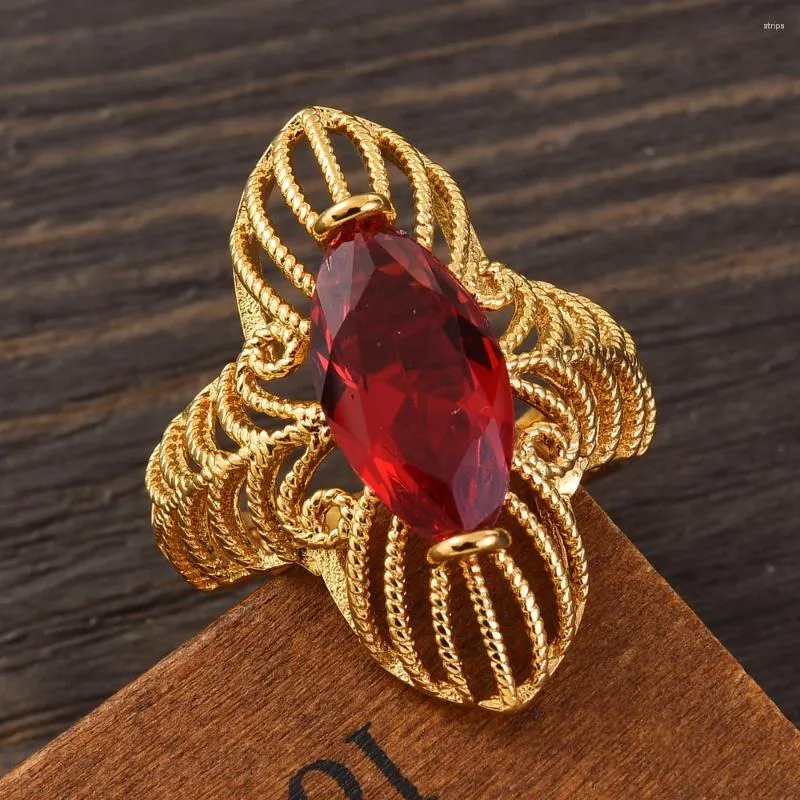 Cluster Rings Red Cz 24k Gold Plated Fashion Women Resizable Elegant Fingerring Etiopian Dubai Africa Wedding Jewelry Gifts