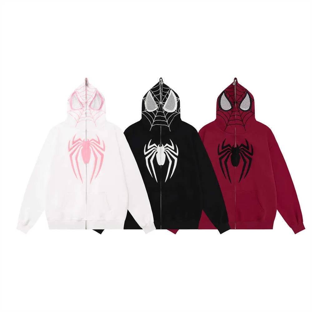 Felpa con cappuccio pull-up Eye Hollowed Out Visual Spider Man Giacca cardigan con cerniera autunno e inverno American Street Trend da uomo