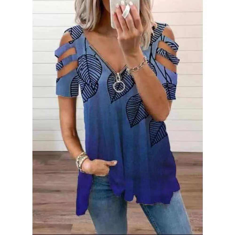 Designer women's clothing New women's V-neck zip Pullover printed short sleeve loose T-shirt women's top summer fashion ladies blouses Plus size woman clothes3J72
