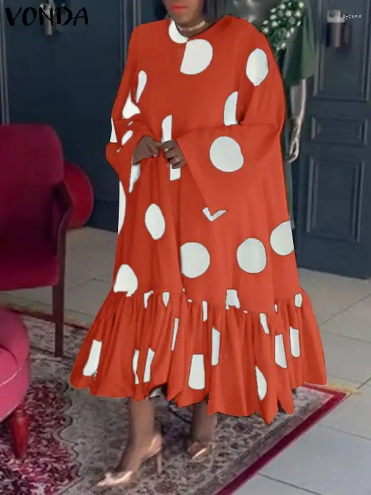 Casual Dresses Vonda Elegantes Bürokleid Frauen Sexy Polka Dot Gedruckt 2024 Langarm Party Sommerkleid Vintage Rüschen Vestidos