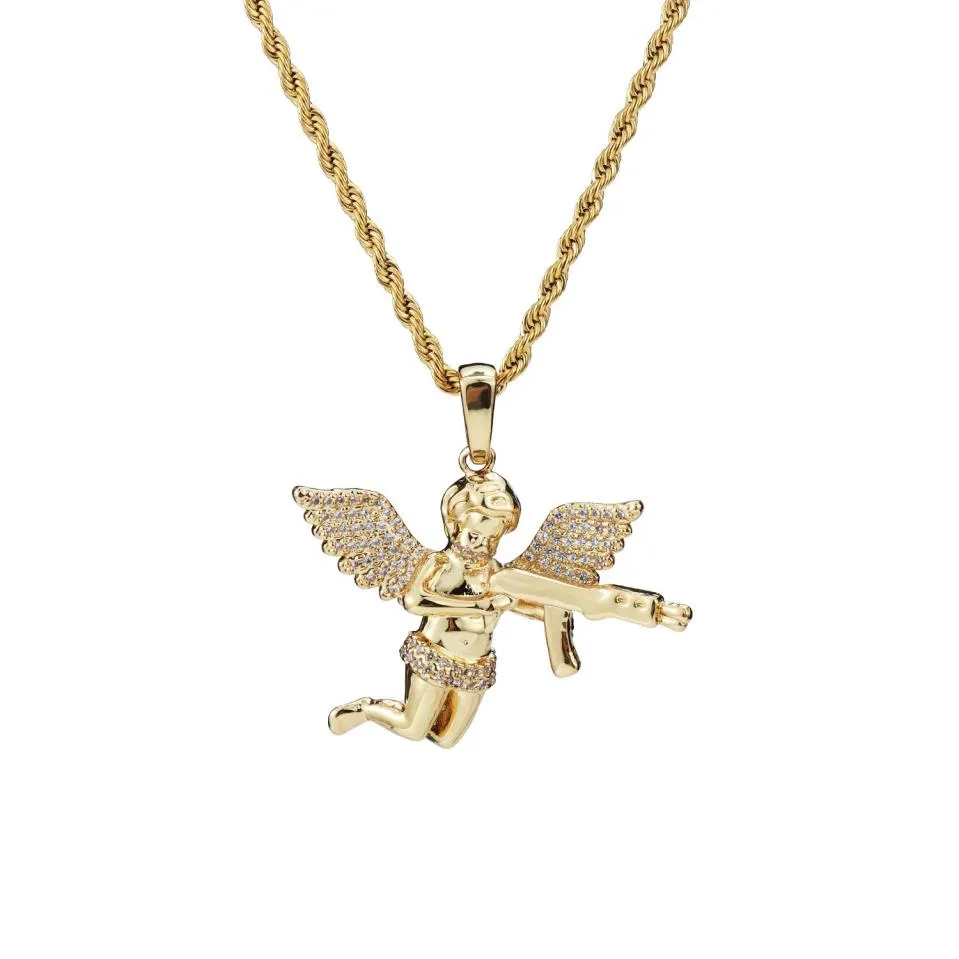 Top Quality Jewelry Zircon Gold Silver Cute Angel Baby Carry Gun Stuff Pendant Necklace Rope Chain for Men Women250K