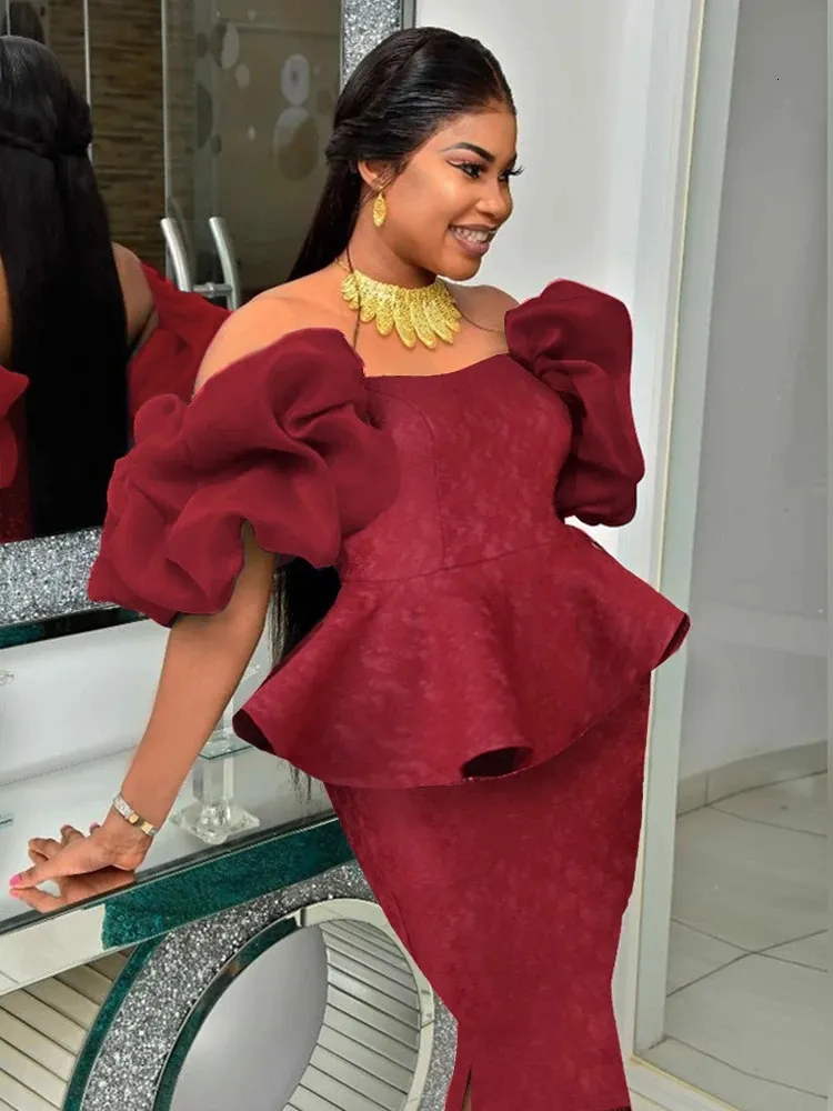 Plus Size 4XL Lace Dresses Women Burgundy Short Sleeve Off Shoulder Elegant Robes Peplum Midi Outfits Fall Evening Party 2023 240124