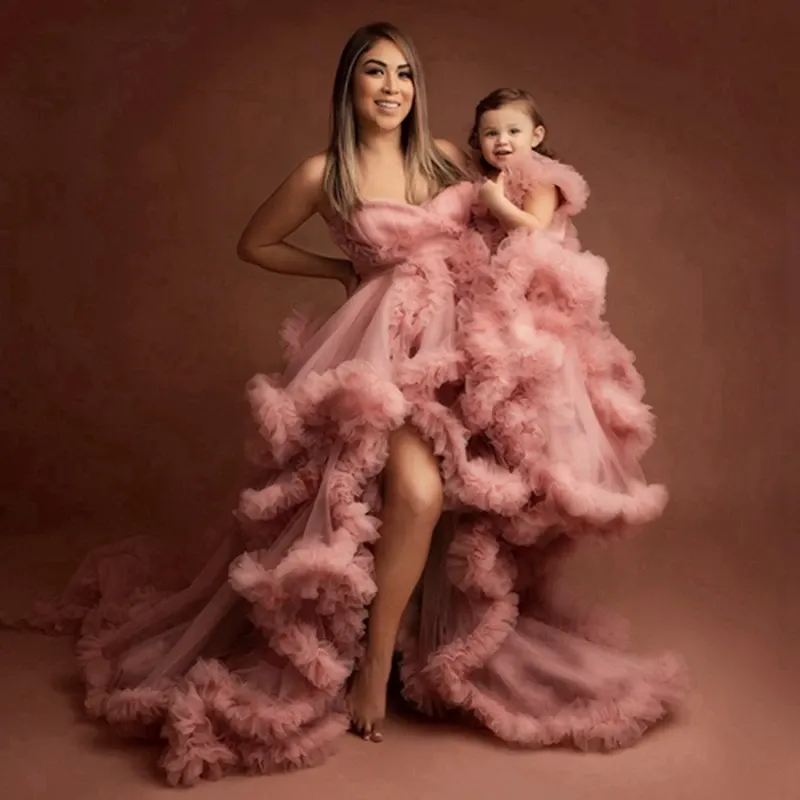 Mãe e filha pêssego rosa vestidos inchados muito querida babados em camadas vestidos de festa de formatura mãe e crianças vestido de fotografia