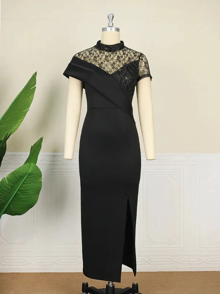Women Black Evening Party Dress Lace Stitching Short Sleeve Stand Neck  Ankle-Length Empire Waist Summer Event Gown from Dhgate Runway Dresses -  price 44.78