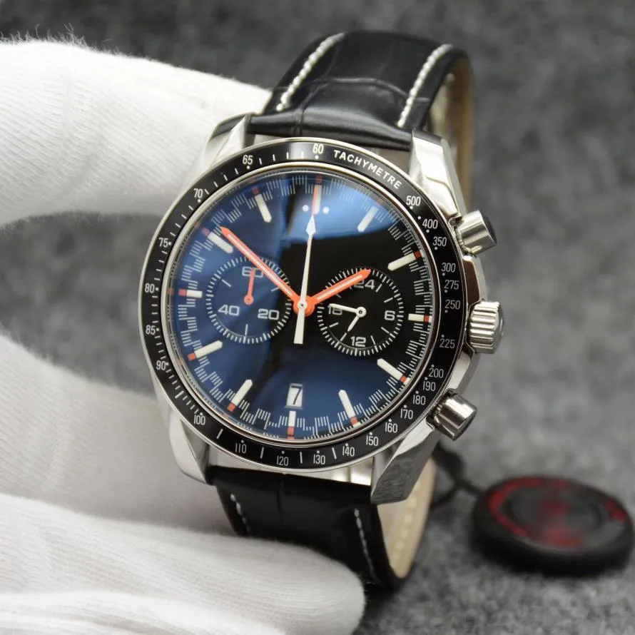44mm quartzo cronógrafo data relógios masculinos mãos vermelhas pulseira de couro preto moldura fixa com um anel superior mostrando marcações de taquímetro275n