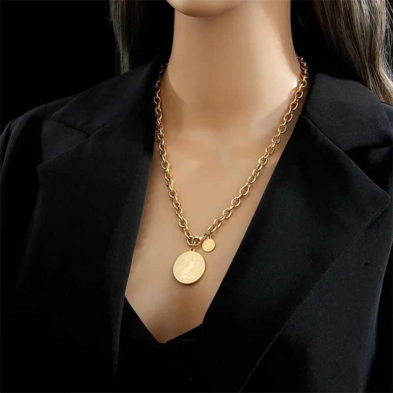 14k Geel Goud Hip Hop Ronde Portret Munt Ketting Voor Vrouwen Mannen Mode Trend Meisje Sieraden Gift Joyas