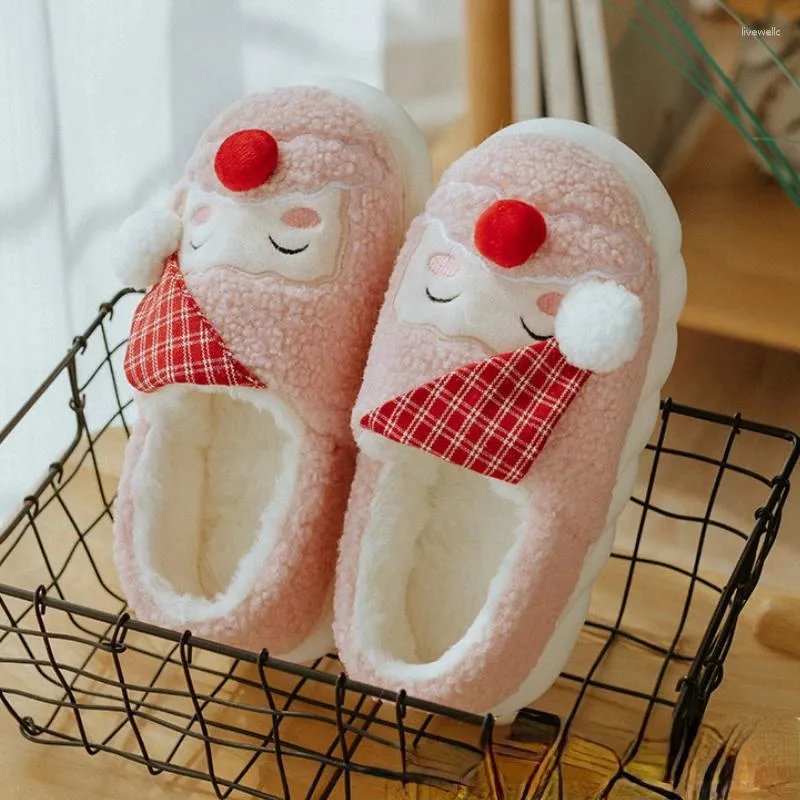 Slippers European American Christmas Plush Cotton For Women's 2024 Winter Warm Bag Cartoon Anti Slip Thick Sole Home