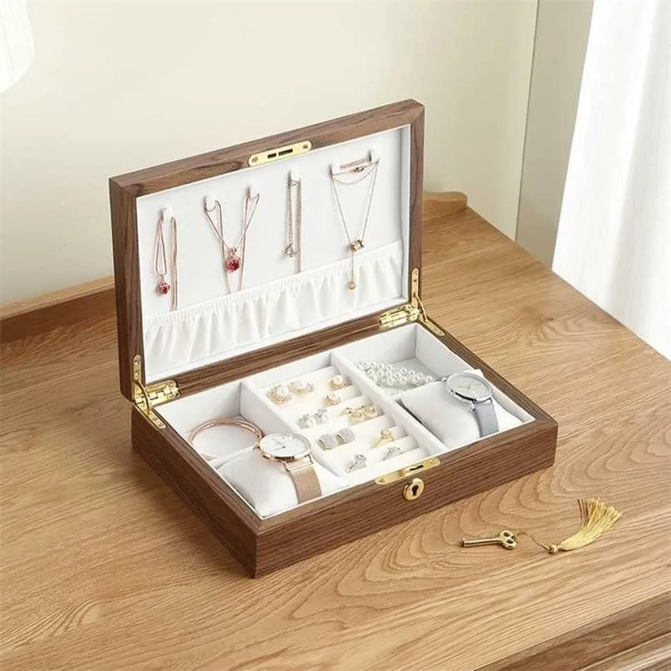 Duże drewniane pudełko biżuterii mężczyźni stojak na organizator Kolczyki Pierścień Pierścień Pierścień biżuterii Przechowywanie 211105299g