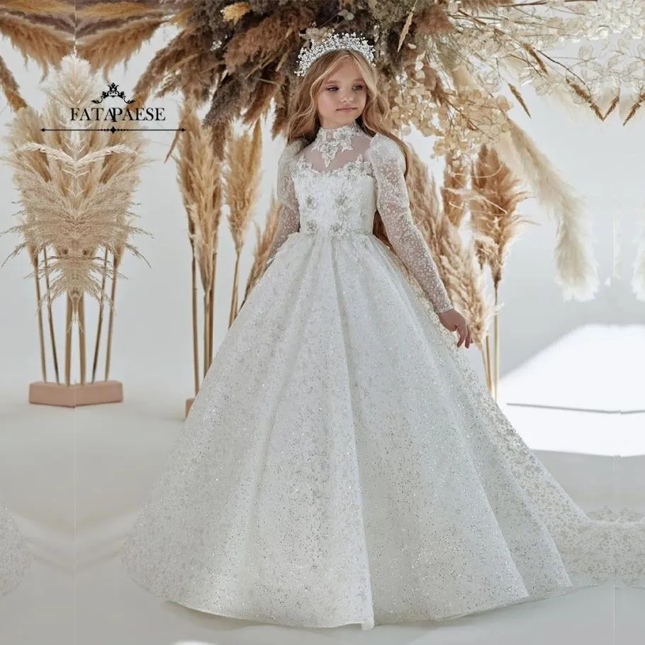 Glitz 2023 Spetsblomma Girl Dress Bows Children's First Communion Dress Princess Tulle Ball Gown Wedding Party Dress 2-14 YEA283Z