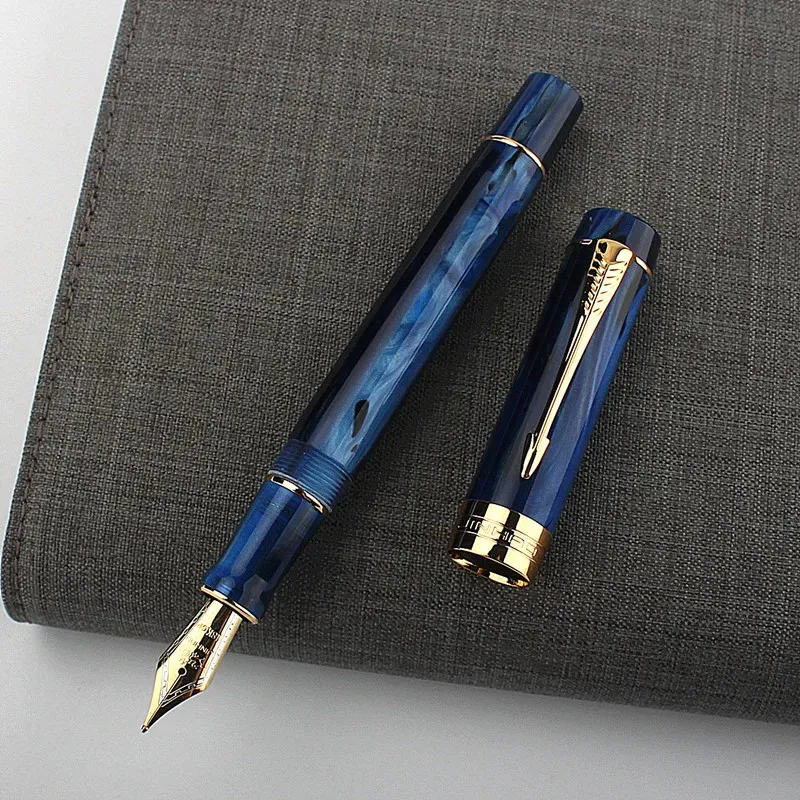 Jinhao 100 Fountain Pen Acrylic Business Blue Spin 6 35 Nib Fude Calligraphy Office levererar Golden Ink 240124