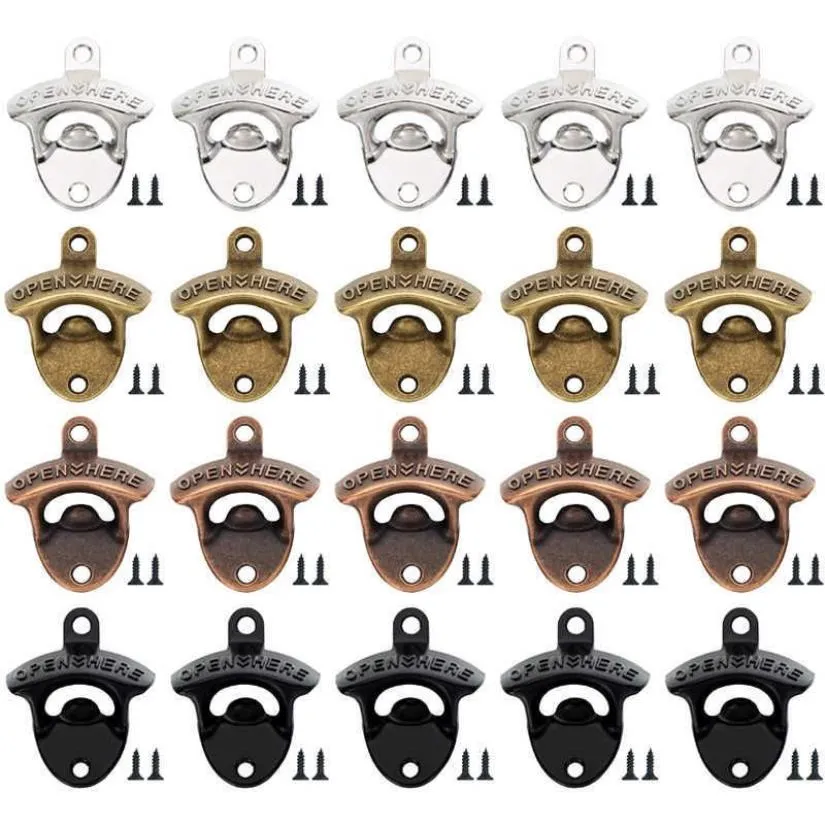 20 Pack Open Here Bottle Opener Wall Mounted Vintage Retro Zinc Alloy Beer OpenersTools Four Colors Combinations Bar Accessories X239o