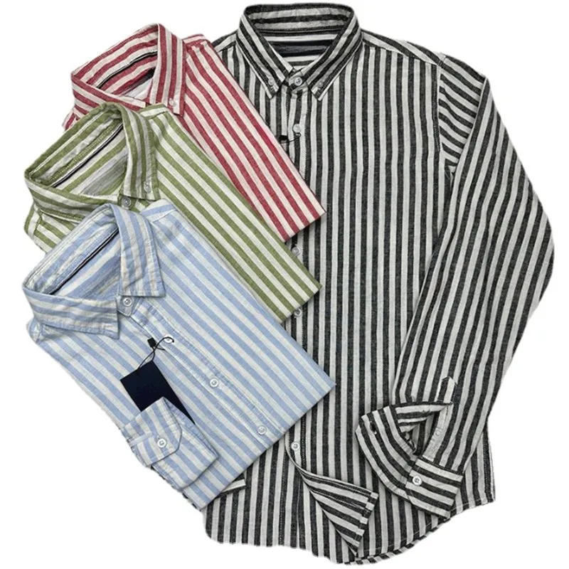 Wysokiej jakości mężczyźni nowi w rekrearze 100% lniana bawełniana bawełniana koszulka kucyka w paski długie rękawy eleganckie koszule koni Homme luksusowe designerskie ubrania marki H977