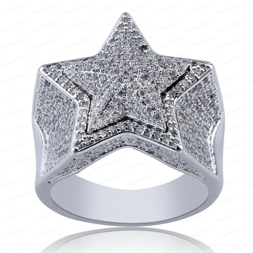 Nouveau Designer Luxe 18K Or Blanc CZ Zircone Pentagramme Bague 2020 Plein Diamant Glacé Hip Hop Bijoux Cadeaux pour Hommes Femmes Rin294c