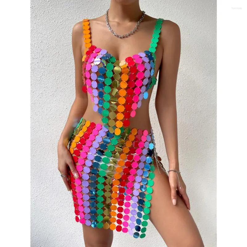 Bühnenkleidung, Bar, Club, Party, Rave-Outfits, bunte Streifen, Pailletten, bauchfreie Tops, Minirock, 2-teiliges Set, sexy Festival-Tanzkostüm