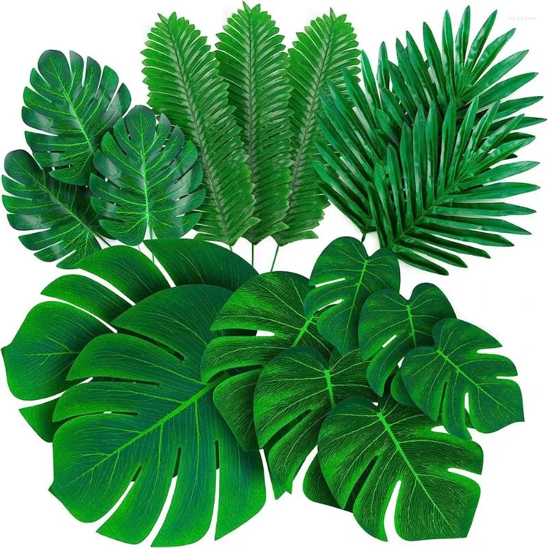 Flores decorativas Hojas de palmeras tropicales artificiales Jungle Safari Hawaiian Luau Party Fake Leave Birthday Home Table Baby Shower Decoración