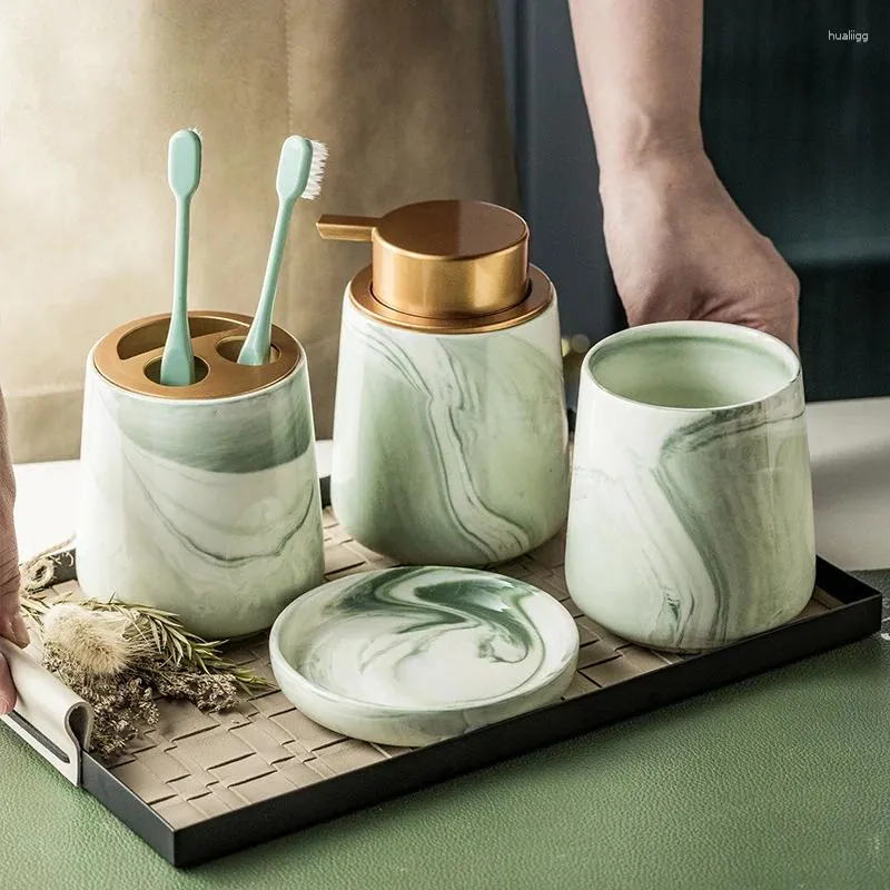 Flytande tvåldispenser kreativ gradient grön marmorerad keramisk lotion flaska tandborste hållare maträtt set badrumstillbehör