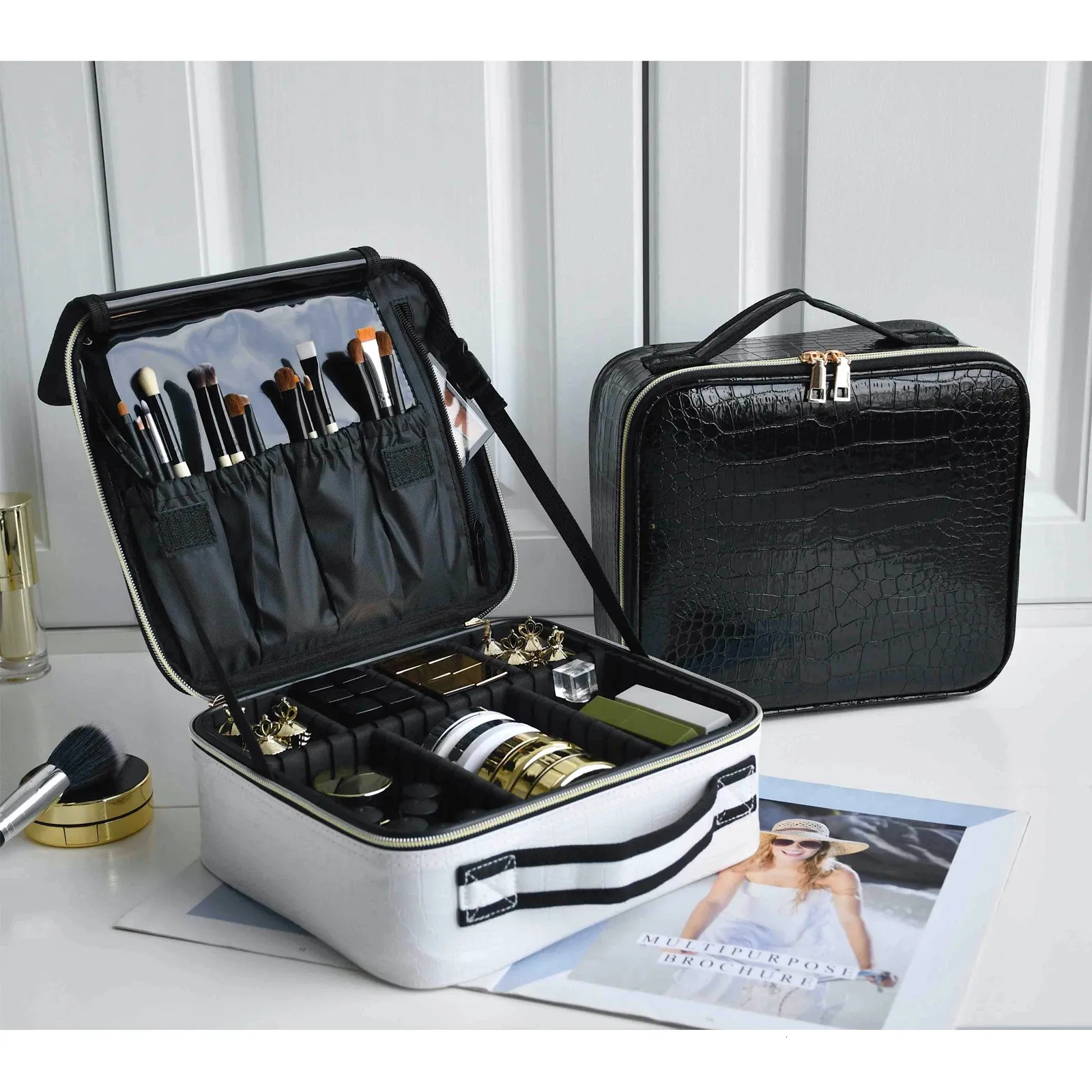 Bolsa de cosméticos de cuero PU para mujer, estuche de maquillaje portátil multifuncional para almacenamiento de viaje, 240125