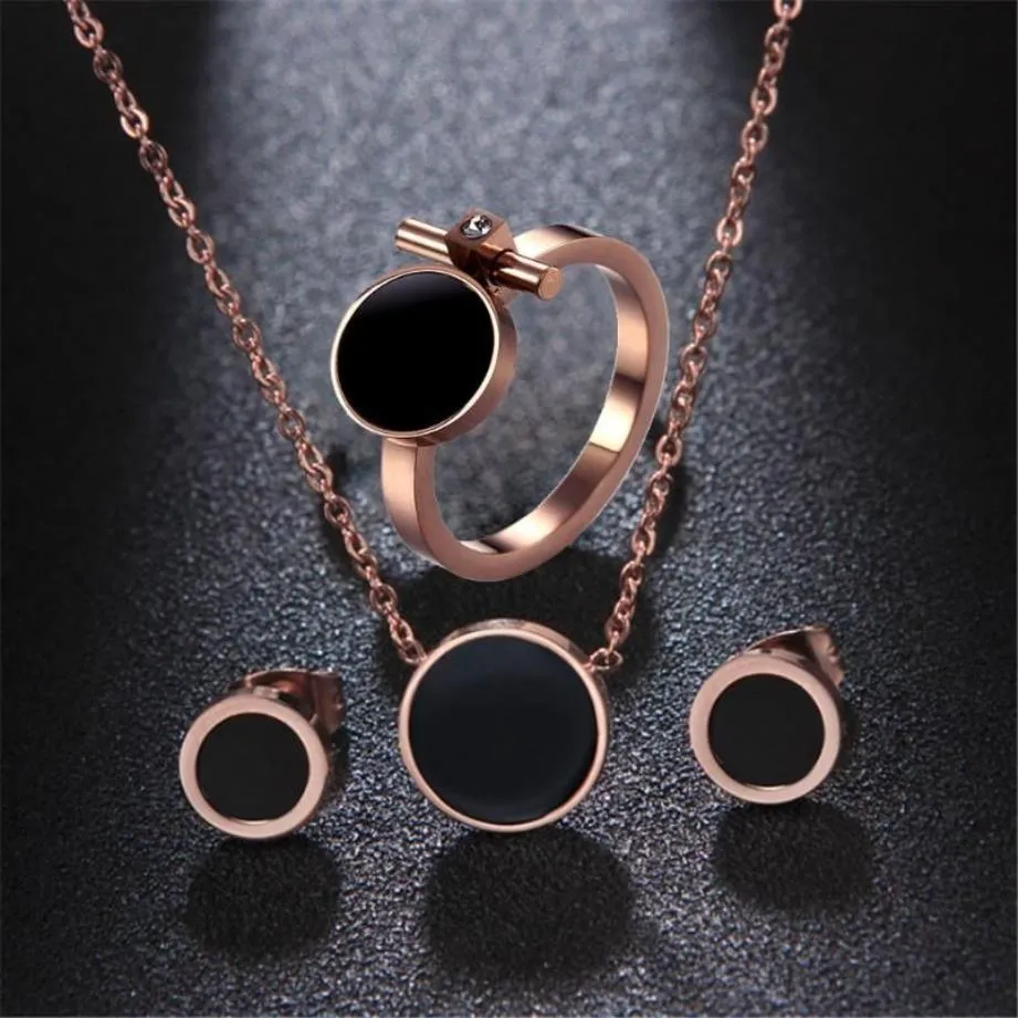 316L Titanium Stalen Sieraden Set Rose Goud Zwart Emaille Ring Oorbellen Ketting Set1970