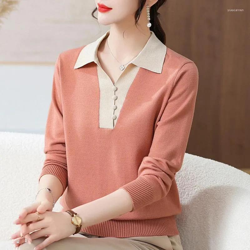 Maglioni da donna stile coreano scollo a V patchwork sottile autunno maglione lavorato a maglia pullover camicie ufficio signora lavoro donna primavera casual