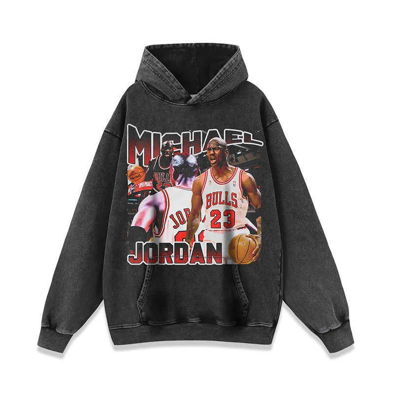 American Vintage Wash Basketball Star Portrait Hoodie Hiphop Street Made Old Male