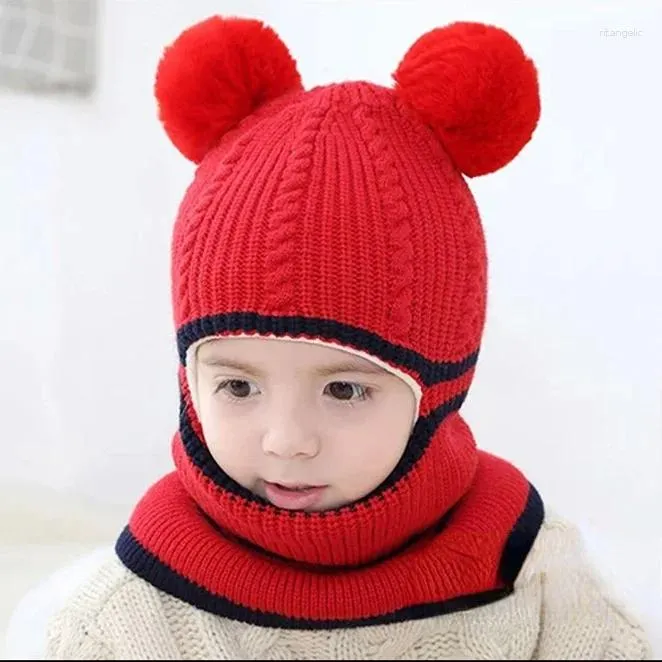 Berets Beanies Baby Ring Hut Pompom Winter Kinder Hüte Gestrickte Nette Kappe Für Mädchen Jungen Warme Fleece Futter Earflap Caps