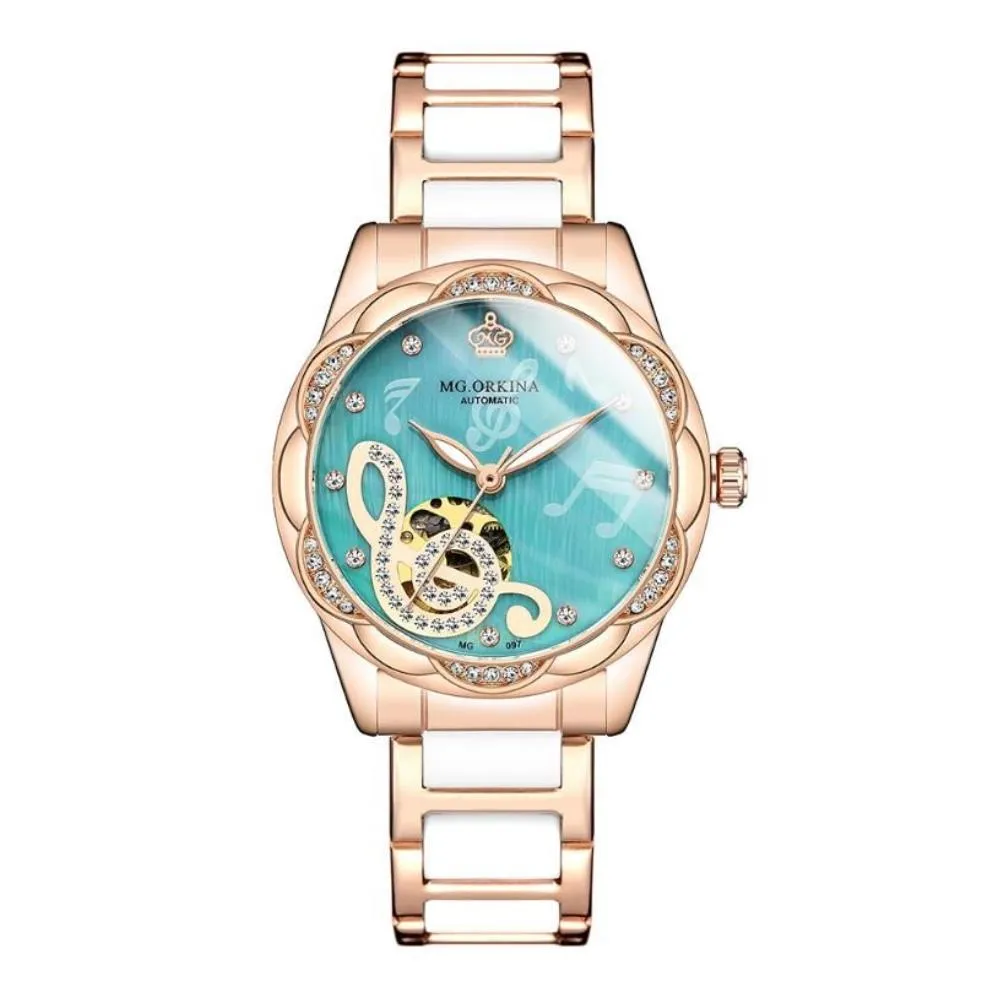 リストウォッチトップブランドOrkina Women Automatic Mechanical Watchステンレス鋼ファッションホローセルフワインディングレディースLuminous Hand2527