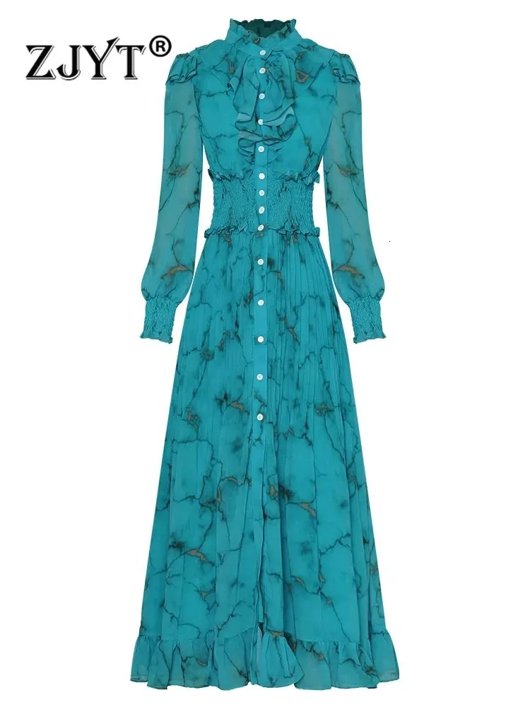 ZJYT 활주로 패션 가을 가을 긴 드레스 여성 랜턴 슬리브 프린트 프린트 시폰 휴일 맥시 멍청이 탄성 허리 240126