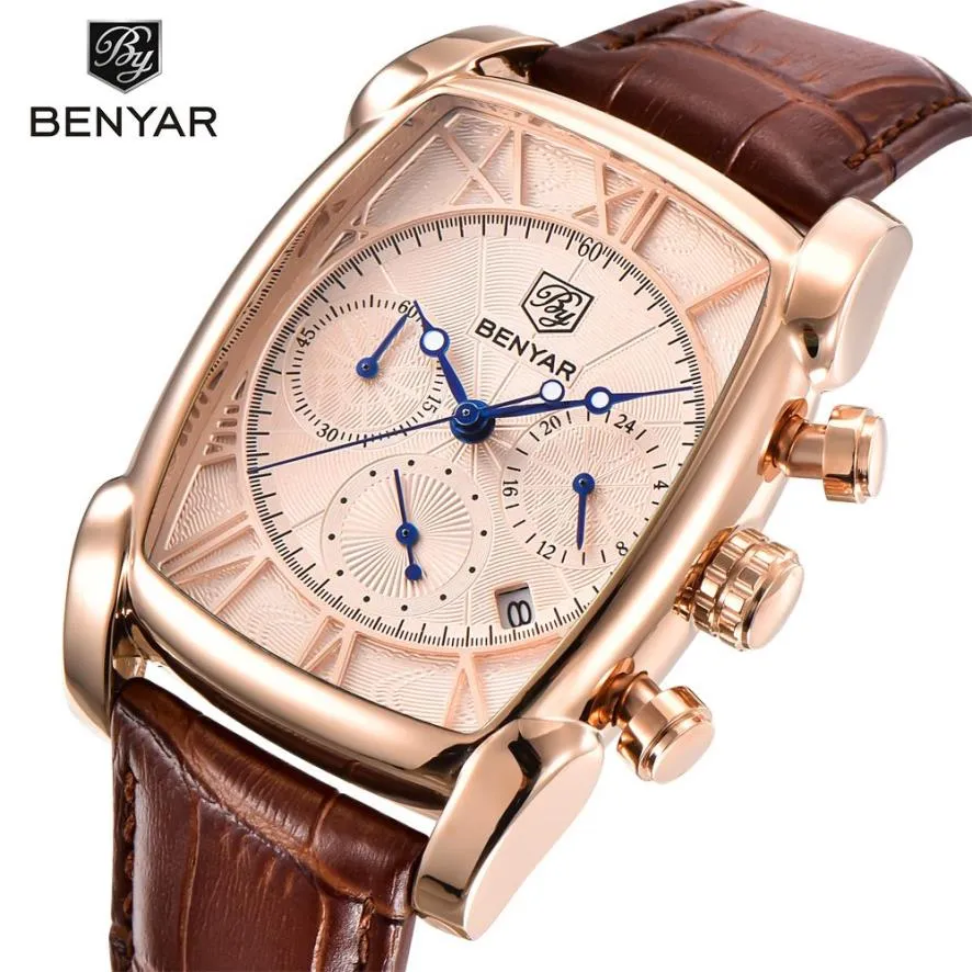 Benyar Luxury True Six-Pin Quartz Watch Classic Rectangle Case Sports Chronograph Men's Watches Rose Gold Erkek Kol Saati250s