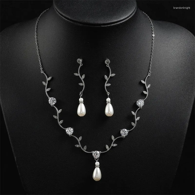 Necklace Earrings Set UILZ Luxury Sparkling Zirconia Imitation Pearl Dangle For Women Temperament Wedding Bridal Jewelry