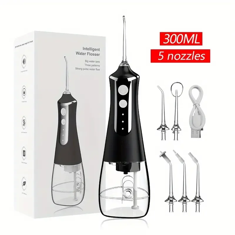 Portable Electric Water Flosser: USB Rechargeable Teeth Cleaner with 5 Interchangeable Nozzles & Large-Capacity Design for Effective Dental Care