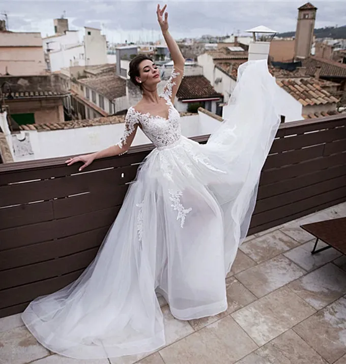 2 in 1 wedding dress detachable skirt Davinci Bridal 50738 Long Lace Mermaid Wedding Dress Detachable Overskirt Train Sequin 12 / Ivory/Nude main image 0